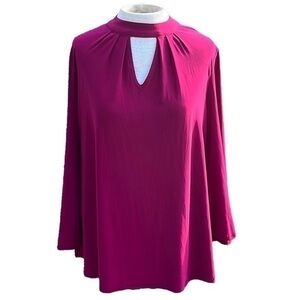 New Directions Flare Sleeve Blouse Key Hole Choker Front, Magenta Color